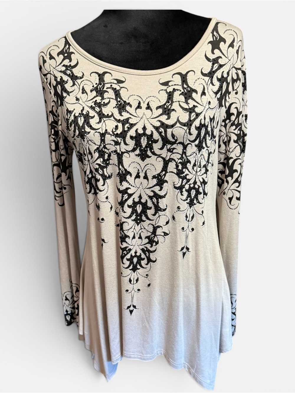Vocal Cream Long Sleeve Scoop Neck Top with Black Ornate Print